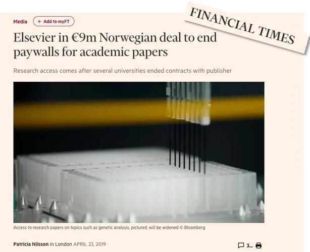 Faksimile fra Financial Times med overskrift: Elsevier in Euro 9m Norwegian deal to end paywalls for academic papers - Klikk for stort bilde