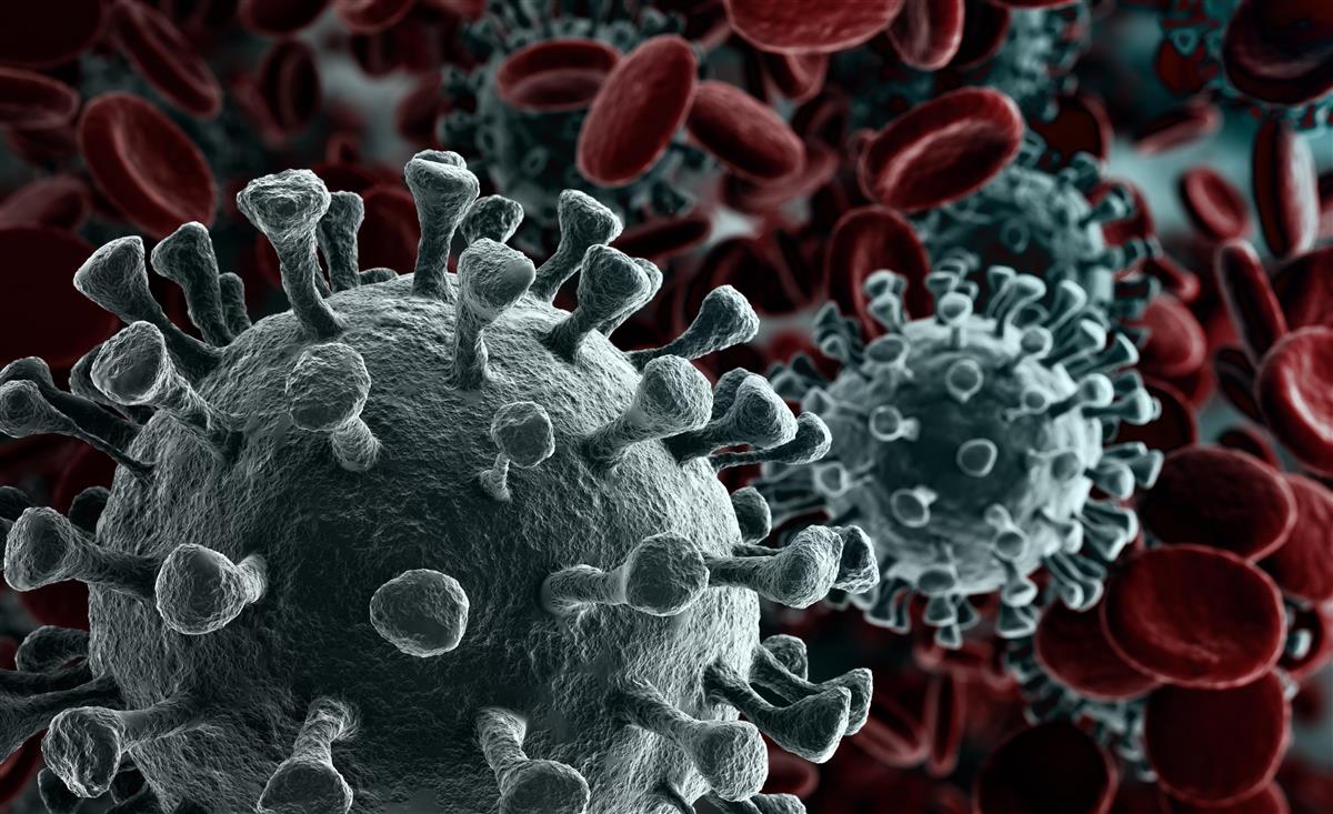 Illustrasjon - nærbilde av viruset i grått og rødtS - Klikk for stort bilde
